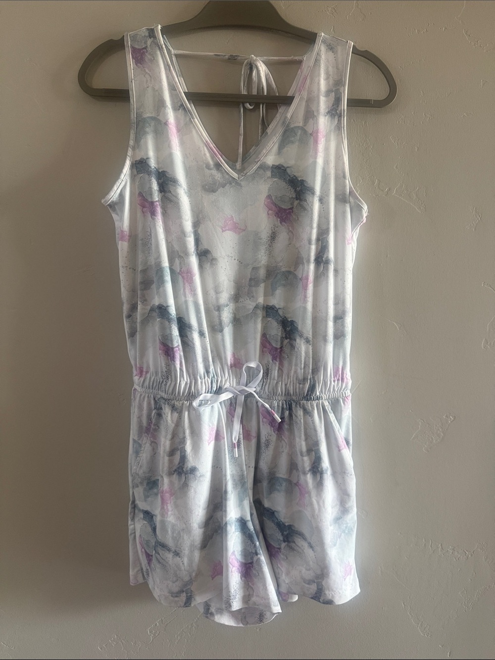 Travis Mathew White Romper with Gray and Light Purple Watercolor Print